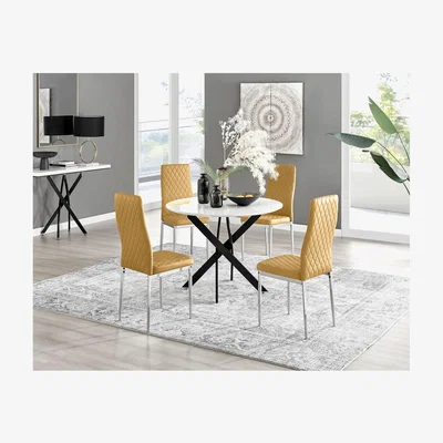 The Range Novara White Gloss Black Leg Round Dining Table and 4 Velvet Milan Chairs - Mustard