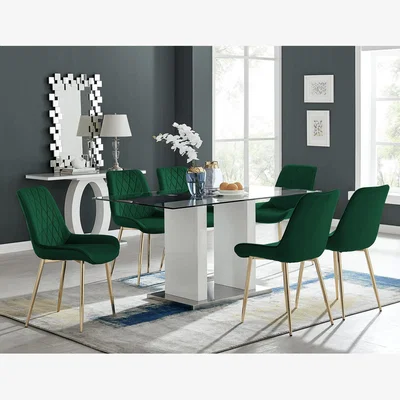 The Range Florence Large Rectangular Dining Table With Six Pesaro Gold Leg Chairs - Green
