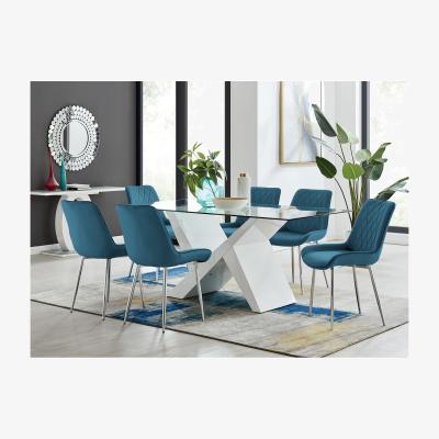 The Range Torino Large Rectangular Dining Table with 6 Pesaro Silver Leg Chairs - Blue