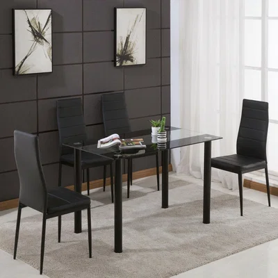The Range Stunning Glass Black Dining Table and 4 Faux Leather Chairs - Black