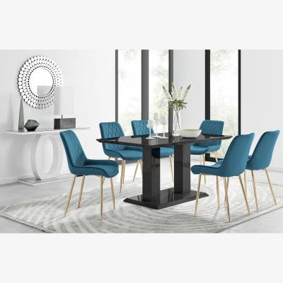 The Range Imperia 6-Person Black Dining Table with 6 Pesaro Gold Leg Chairs - Blue
