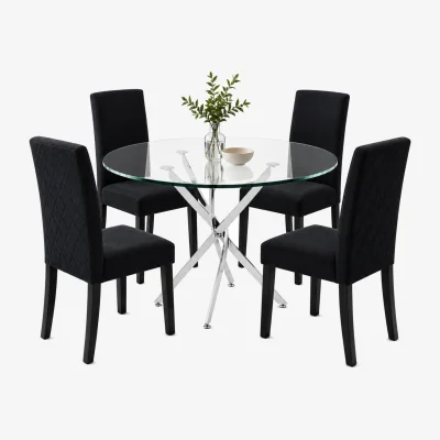 The Range Round Glass Dining Table Set with 4 Black Diamond Stitch Velvet Chairs with Wooden Legs - Black