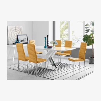 The Range Atlanta Modern High Gloss White Dining Table And 6 Milan Chairs Set - Yellow
