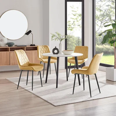 The Range Koko White Melamine Round Dining Table And 4 Pesaro Black Leg Chairs - Mustard