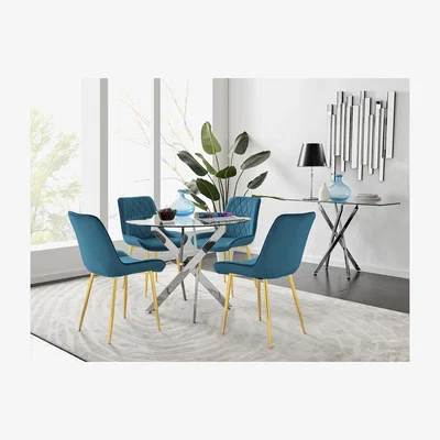 The Range Novara 100cm Round Dining Table and 4 Pesaro Gold Leg Chairs - Blue