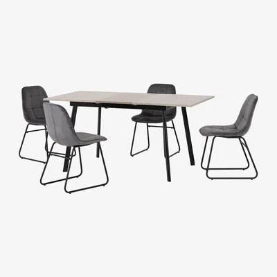 The Range Avery Extending Dining Set with green velvet Lukas Chairs - concrete effect table and emerald green chairs