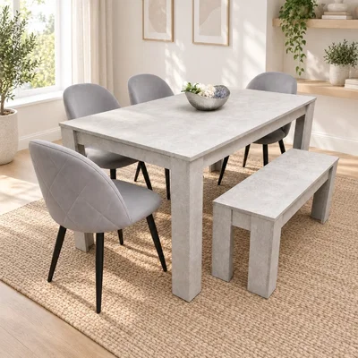 The Range Light Stone Grey Effect Dining Table Set with 4 Grey Velvet Chairs & Bench, 140x80x75cm - Brown