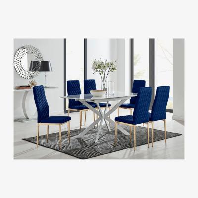 The Range LIRA 120 Extending Dining Table and 6 Velvet Milan Gold Leg Chairs - Navy