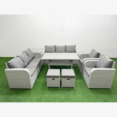 The Range Fimous PE Rattan High Back Lounge Sofa & Dining Set, 10 Seats, Reclining Chairs, Light Grey. - Light Grey