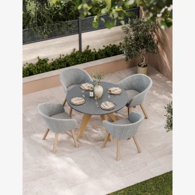 Royal Craft Luna 4 Seater Round Concrete Dining Set with Sol Rattan Dining Chairs