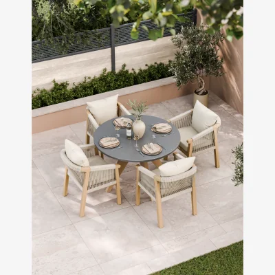 Royal Craft Luna 4 Seater Round Concrete Table Dining Set with Roma Rope Dining Chairs