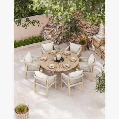 Royal Craft Roma 6 Seater Round Sunray Dining Set with Black Granite Insert and Deluxe Rope Chairs