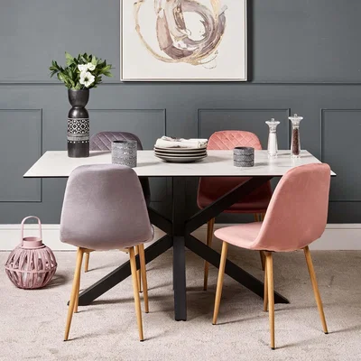 Woods Furniture Eastcote White 150cm Dining Table and Archie Wood Effect Leg Dining Chairs PinkGrey