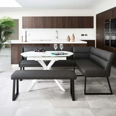 Woods Furniture Ravenna Motion Table in White with Paulo LHF Corner Bench and Paulo Low Bench in Anthracite