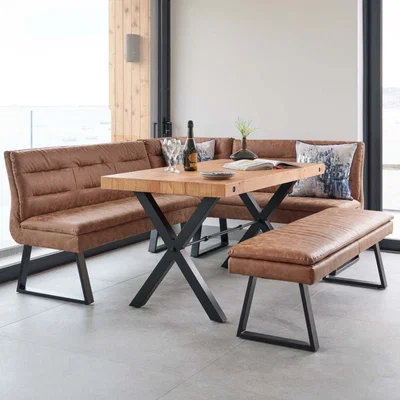 Woods Furniture Urban 150cm Dining Table with Industrial Corner Bench and Low Bench in Tan