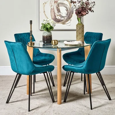 Woods Furniture Lutina 100cm Glass Dining Table and 4 Chase Dining Chairs - Teal