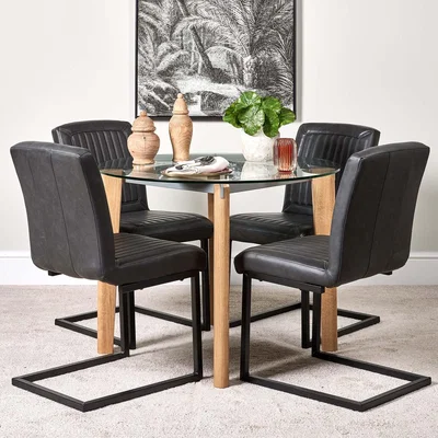 Woods Furniture Lutina 100cm Glass Dining Table and 4 Vintage Dining Chairs - Grey