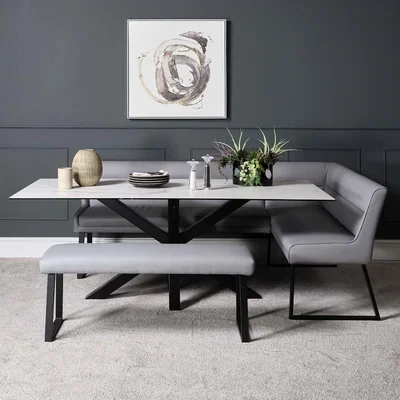 Woods Furniture Eastcote White 200cm Dining Table and Paulo Corner Bench Paulo Low Bench - Grey
