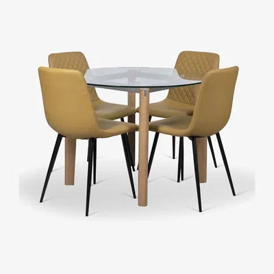 Woods Furniture Lutina Round Glass Dining Table Ripley Chairs x4 Mustard