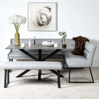 Woods Furniture Eastcote Black 150cm Dining Table and Paulo Corner Bench LHF and Low Bench - Grey