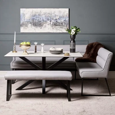 Woods Furniture Eastcote White 150cm Dining Table and Paulo Corner Bench LHF and Low Bench - Grey