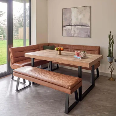 Woods Furniture Adelaide 180cm Dining Table with Industrial Corner Bench in Tan and 158cm Flat Bench