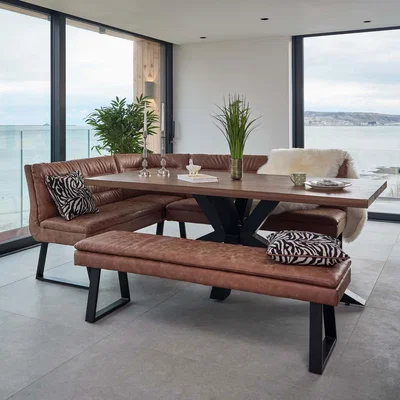 Woods Furniture Soho Dining Table 200cm with Industrial Corner Bench and Industrial Low Bench - Tan