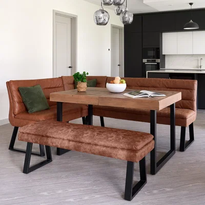 Woods Furniture Adelaide 140-180cm Extending Dining Table with Industrial Corner Bench in Tan with Flat Bench 138cm