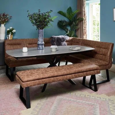 Woods Furniture Toscana Grey Motion Table with Industrial Corner Bench and Industrial Low Bench - Tan