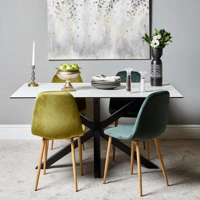 Woods Furniture Eastcote White 150cm Dining Table and Archie Wood Effect Leg Dining Chairs DarkLight Green