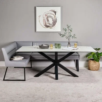 Woods Furniture Eastcote White Dining Table 200cm and Paulo Right Hand Facing Bench - Grey