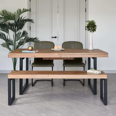 Woods Furniture Adelaide 180-240cm Extending Dining Table with 2 Firenza Chairs in Olive and Adelaide 155cm Bench