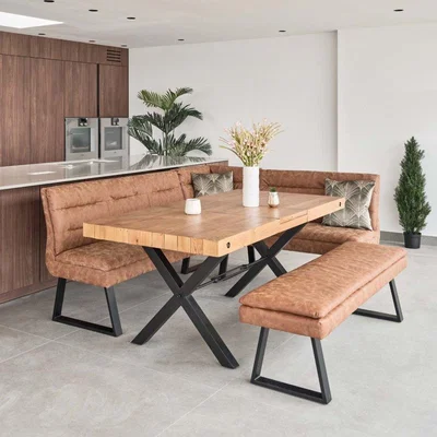 Woods Furniture Urban 140-180cm Extending Dining Table with Industrial Corner Bench and Low Bench in Tan