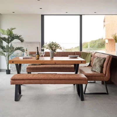 Woods Furniture Urban 180cm Dining Table with Industrial Corner Bench and Low Bench in Tan