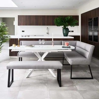 Woods Furniture Ravenna Motion Table in White with Paulo LHF Corner Bench with Paulo Low Bench in Grey