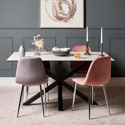 Woods Furniture Eastcote White 150cm Dining Table and Archie Chrome Leg Dining Chairs PinkGrey