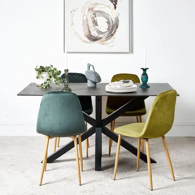 Woods Furniture Eastcote Black 150cm Dining Table and Archie Wood Effect Leg Dining Chairs DarkLight Green
