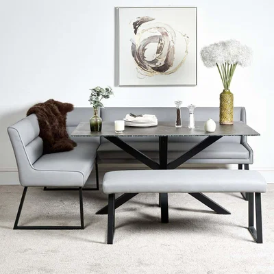 Woods Furniture Eastcote Black 150cm Dining Table and Paulo Corner Bench RHF and Low Bench - Grey