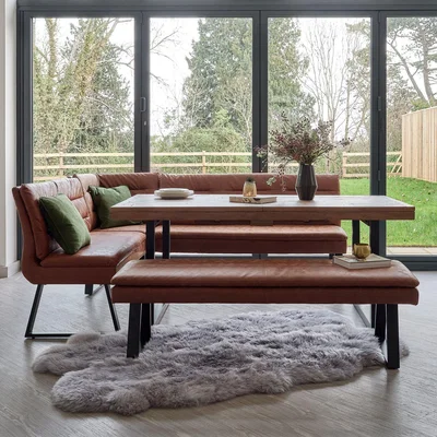 Woods Furniture Adelaide 180-240cm Extending Dining Table with Industrial Corner Bench in Tan and 158cm Flat Bench