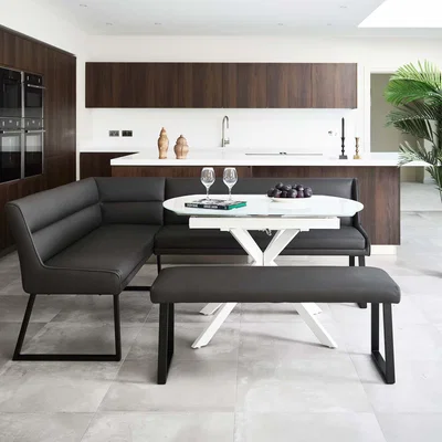 Woods Furniture Ravenna Motion Table in White with Paulo RHF Corner Bench and Paulo Low Bench in Anthracite