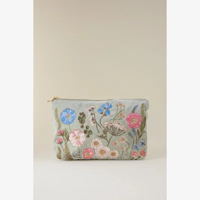 Anthropologie Elizabeth Scarlett Pressed Flowers Embroidered Velvet Pouch