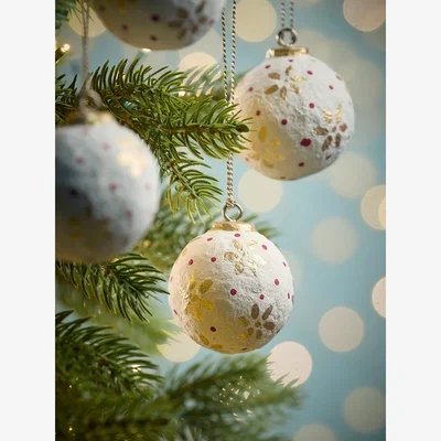 Cox and Cox Four Handpainted Flower Paper Mache Baubles - White