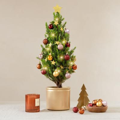 Dunelm Mini Christmas Tree with Copper and Gold Decorations in Ceramic Pot Gold