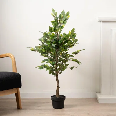 Dunelm Artificial Mini Ficus Tree in Black Plastic Plant Pot Green
