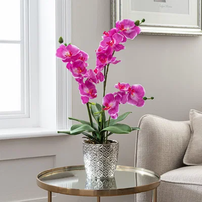 Dunelm Artificial Orchid Pink in Silver Vase 28cm Pink, Green and Silver