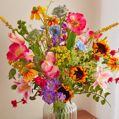 Dunelm Artificial Bright Floral Bouquet in Ribbed Glass Vase