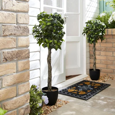 Dunelm Artificial Set of 2 Bay Tree Plants in Black Pots Green