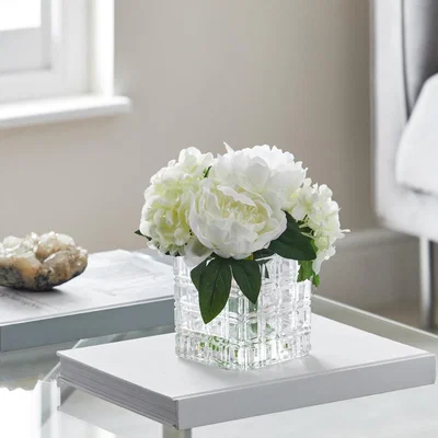 Dunelm Artificial Hydrangea White in Glass Cube Vase 23cm White and Green