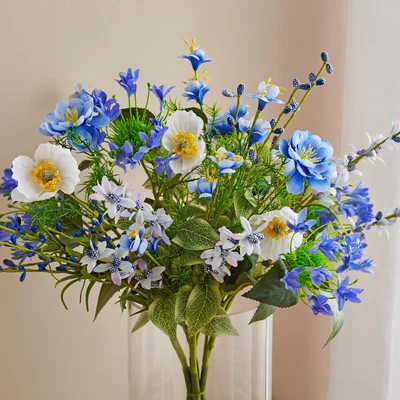 Dunelm Artificial Blue Meadow Bouquet in Ribbed Glass Footed Vase