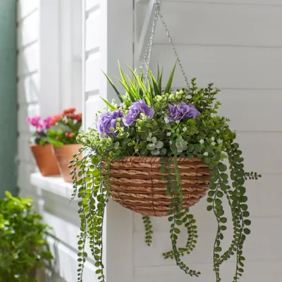 Dunelm Artificial Purple Flower & Foliage Woven Hanging Basket